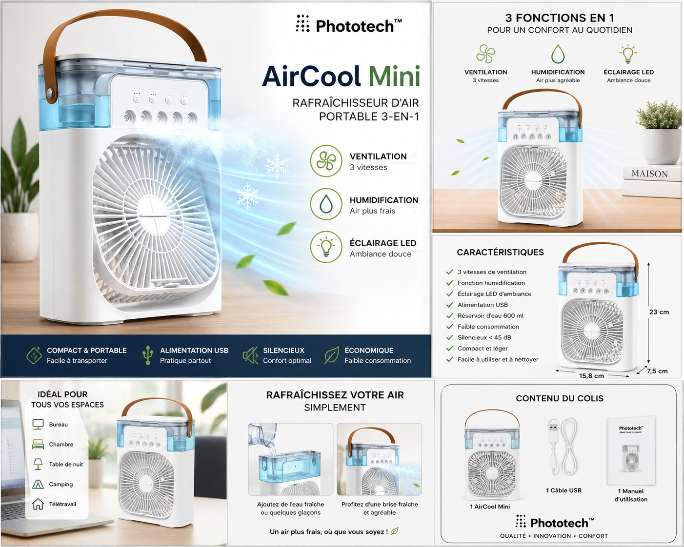 Phototech™ AirCool Mini — Rafraîchisseur d'air 3-en-1