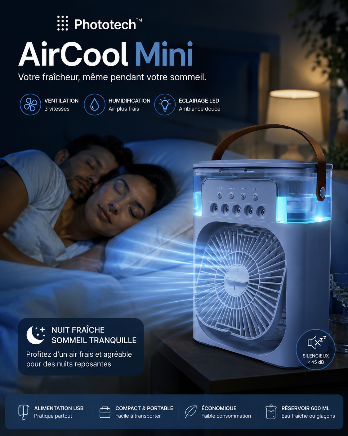 Phototech™ AirCool Mini — Rafraîchisseur d'air 3-en-1